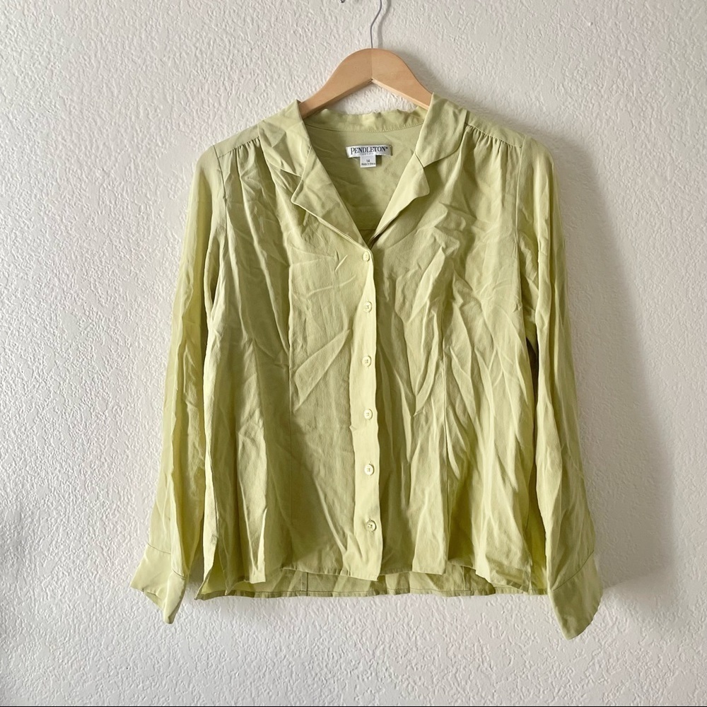 Pendleton women’s silk blouse 100% silk button up shirt chartreuse